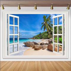 Lofaris White Window Frame Tropical Beach Photography Backdrop, Scenic Palm Trees and Blue Ocean Summer Vacation Background