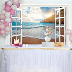 Lofaris Beach Window View Photography Backdrop with Ocean Waves and Cliff, Scenic Coastal Background for Studio Photoshoot and Home Decor