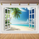 Lofaris Tropical Beach Window View Photography Backdrop with Palm Tree Ocean Scenery, Vibrant Summer Vacation Background for Studio Photoshoot