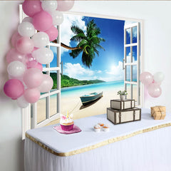 Lofaris Open Window Tropical Beach Photography Backdrop with Palm Trees, Sunny Seascape Background for Studio Photoshoot and Decor