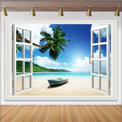 Lofaris Open Window Tropical Beach Photography Backdrop with Palm Trees, Sunny Seascape Background for Studio Photoshoot and Decor