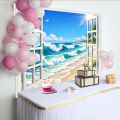 Escape Tropical Beach Open Window Photography Backdrop, Palm Trees Sunny Seascape View for Photoshoot