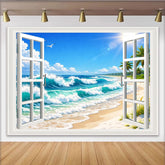 Escape Tropical Beach Open Window Photography Backdrop, Palm Trees Sunny Seascape View for Photoshoot