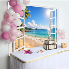 Lofaris Sunny Tropical Beach Window View Photography Backdrop with Palm Trees and Blue Ocean, Scenic Studio Background for Summer Photoshoot
