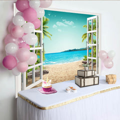 Lofaris Open Window Tropical Beach Photography Backdrop with Palm Trees and Blue Ocean, Scenic Summer Background for Studio Photo