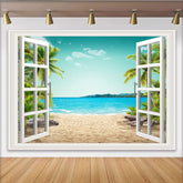Lofaris Open Window Tropical Beach Photography Backdrop with Palm Trees and Blue Ocean, Scenic Summer Background for Studio Photo