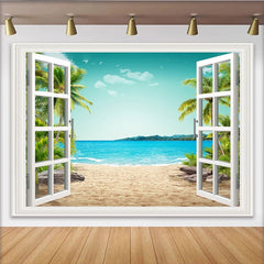 Lofaris Open Window Tropical Beach Photography Backdrop with Palm Trees and Blue Ocean, Scenic Summer Background for Studio Photo