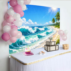 Lofaris Vibrant Tropical Beach Photography Backdrop with Palm Trees and Ocean Waves, Sunny Seaside Background for Summer Vacation Photoshoot