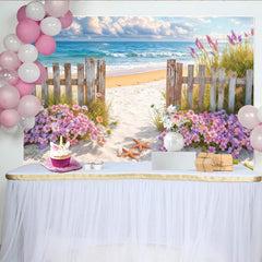 Lofaris Sunny Beach Photography Backdrop with Ocean Waves and Fence, Sandy Path Photo Background for Studio or Party Decor