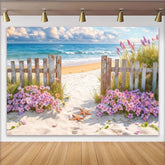Lofaris Sunny Beach Photography Backdrop with Ocean Waves and Fence, Sandy Path Photo Background for Studio or Party Decor