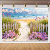 Lofaris Beach Path Photography Backdrop with Ocean, Blue Sky and Wood Fence, Floral Seaside Background for Summer Photos and Studio Decor