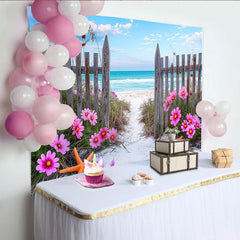 Lofaris Vibrant Pink Cosmos Beach Photography Backdrop with Wooden Fence, Blue Ocean Seascape Background for Summer Photoshoot