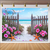 Lofaris Vibrant Pink Cosmos Beach Photography Backdrop with Wooden Fence, Blue Ocean Seascape Background for Summer Photoshoot