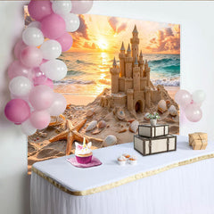 Lofaris Golden Sunset Sandcastle Beach Photography Backdrop, Ocean Waves Background for Studio Portrait and Photoshoot
