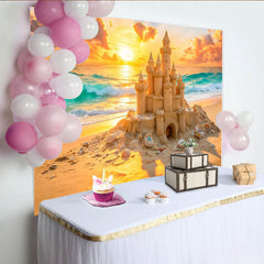 Lofaris Vibrant Sunset Sandcastle Beach Photography Backdrop, Ocean Waves Summer Vacation Background for Studio Photoshoot