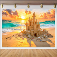 Lofaris Vibrant Sunset Sandcastle Beach Photography Backdrop, Ocean Waves Summer Vacation Background for Studio Photoshoot