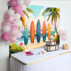 Lofaris Colorful Surfboard Summer Beach Photography Backdrop with Palm Trees and Ocean Waves, Tropical Vacation Photo Background for Studio