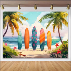 Lofaris Colorful Surfboard Summer Beach Photography Backdrop with Palm Trees and Ocean Waves, Tropical Vacation Photo Background for Studio