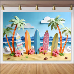 Lofaris Paper Cut Surf Beach Photography Backdrop with Palm Trees and Ocean Waves, Summer Tropical Photo Background for Party Decor