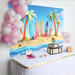 Lofaris Cartoon Tropical Beach Photography Backdrop with Palm Trees and Surfboards, Summer Ocean Wave Background for Photoshoot