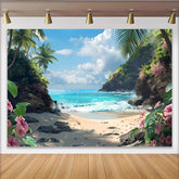 Lofaris Vibrant Tropical Beach Photography Backdrop with Blue Ocean and Palm Trees, Scenic Summer Background for Vacation Photoshoot