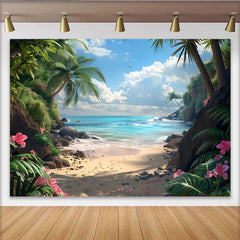 Lofaris Sunny Tropical Beach Photography Backdrop with Palm Trees, Scenic Ocean View Background for Summer Vacation Photoshoot