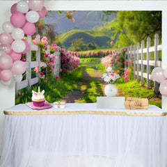 Lofaris Vibrant Spring Garden Photography Backdrop with Pink Flowers Fence, Scenic Nature Background for Outdoor Photoshoot
