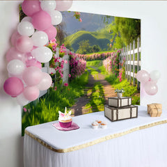 Lofaris Vibrant Spring Garden Photography Backdrop with Pink Flowers Fence, Scenic Nature Background for Outdoor Photoshoot