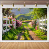 Lofaris Vibrant Spring Garden Photography Backdrop with Pink Flowers Fence, Scenic Nature Background for Outdoor Photoshoot