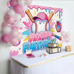 Lofaris Sweet Cartoon Baseball Birthday Backdrop with Pink Blue Drips and Sprinkles, Vibrant Sports Background for Kids Party Decor