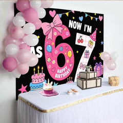 Lofaris Vibrant Cartoon 7th Birthday Backdrop with Cakes, Balloons and Stars, Festive Party Decor for Kids Photoshoot and Celebration