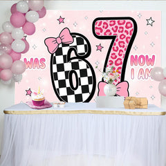 Lofaris Pink 7th Birthday Backdrop with Checkerboard and Leopard Print, Cute Party Background for Girls Photoshoot and Celebration