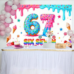 Lofaris Colorful Donut Six Seven Birthday Backdrop with Sprinkles and Dripping Icing, Sweet Dessert Party Decor for Photoshoot