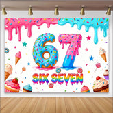 Lofaris Colorful Donut Six Seven Birthday Backdrop with Sprinkles and Dripping Icing, Sweet Dessert Party Decor for Photoshoot
