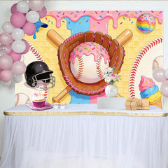 Lofaris Pink Blue Baseball Donut Birthday Backdrop with Sprinkles and Waffle Texture, Sweet Sports Theme Background for Party Photography