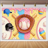 Lofaris Pink Blue Baseball Donut Birthday Backdrop with Sprinkles and Waffle Texture, Sweet Sports Theme Background for Party Photography