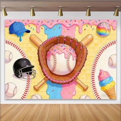 Lofaris Pink Blue Baseball Donut Birthday Backdrop with Sprinkles and Waffle Texture, Sweet Sports Theme Background for Party Photography