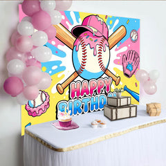 Lofaris Pink Blue Cartoon Baseball Birthday Backdrop for Kids Party, Sweet Sprinkles Sports Theme Photography Background