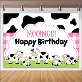 Lofaris Cute Cartoon Cow Birthday Backdrop with Pink Gingham and Moo Moo Text, Farm Animal Party Background for Kids Photo Booth Decor