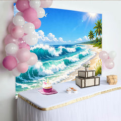 Lofaris Vibrant Tropical Beach Photography Backdrop with Ocean Waves and Palm Trees, Sunny Seascape Background for Summer Photoshoot