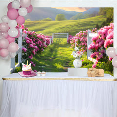 Lofaris Vibrant Pink Floral Path Photography Backdrop with White Fence, Lush Green Scenery Background for Spring Photoshoot