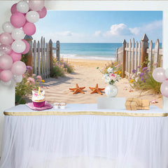 Lofaris Serene Beach Photography Backdrop with Ocean and Wooden Fence, Summer Coastal Background for Photoshoot and Decor