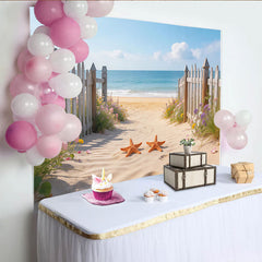 Lofaris Serene Beach Photography Backdrop with Ocean and Wooden Fence, Summer Coastal Background for Photoshoot and Decor
