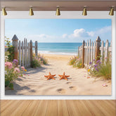 Lofaris Serene Beach Photography Backdrop with Ocean and Wooden Fence, Summer Coastal Background for Photoshoot and Decor
