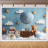 Lofaris Blue Hot Air Balloon Baby Shower Backdrop with Golden Stars and White Clouds, Dreamy Photography Background for Newborns and Kids