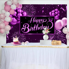 Lofaris Purple Happy Birthday Backdrop with Balloons and Crown, Elegant Party Background for Women Girls Celebration Photography