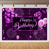 Lofaris Purple Happy Birthday Backdrop with Balloons and Crown, Elegant Party Background for Women Girls Celebration Photography