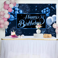 Lofaris Dark Blue Happy Birthday Backdrop with Balloons, Fireworks and Crown, Elegant Party Background for Photography and Celebration Decor