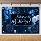 Lofaris Dark Blue Happy Birthday Backdrop with Balloons, Fireworks and Crown, Elegant Party Background for Photography and Celebration Decor