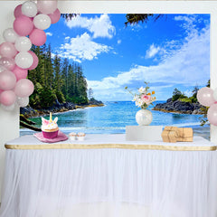 Lofaris Vibrant Blue Ocean Beach Photography Backdrop with Green Forest, Summer Studio Background for Vacation Photoshoot